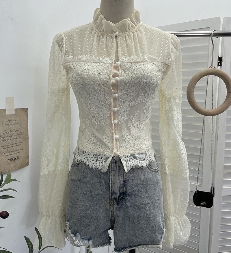 

Vintage Polka Dot Lace Bell Sleeve Top - Mesh Spliced Short Shirt One Size абрикосовий