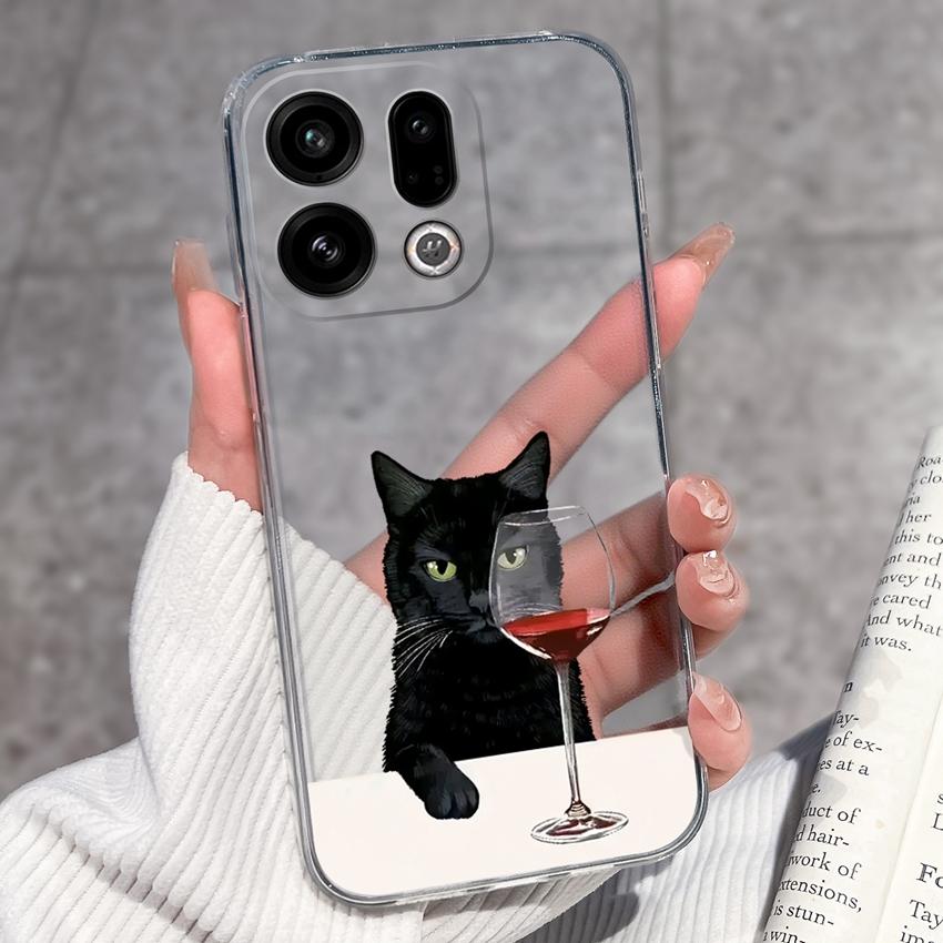 For Oppo Find X9 X8 X7 X5 Pro X2 Lite Reno8 Pro Pro+ Phone Case Black Cat Wine Glass Patterns Transparent TPU Protection Covers For Oppo Bumper Casing