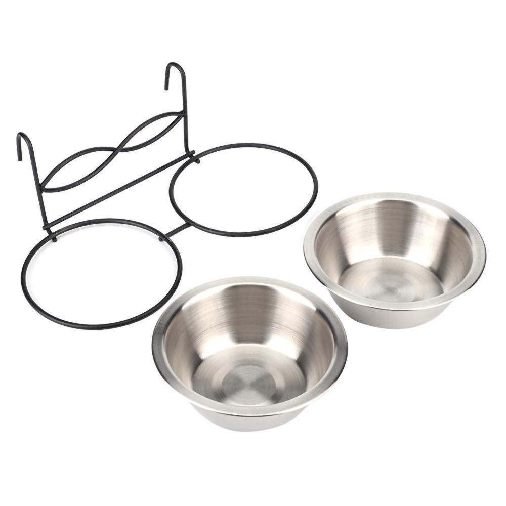 Dual Compartment Pet Cage Feeder Food-Grade Alloy Dual Pet Feeding Bowl  Indoor Feeding Cage Hanging Bowl