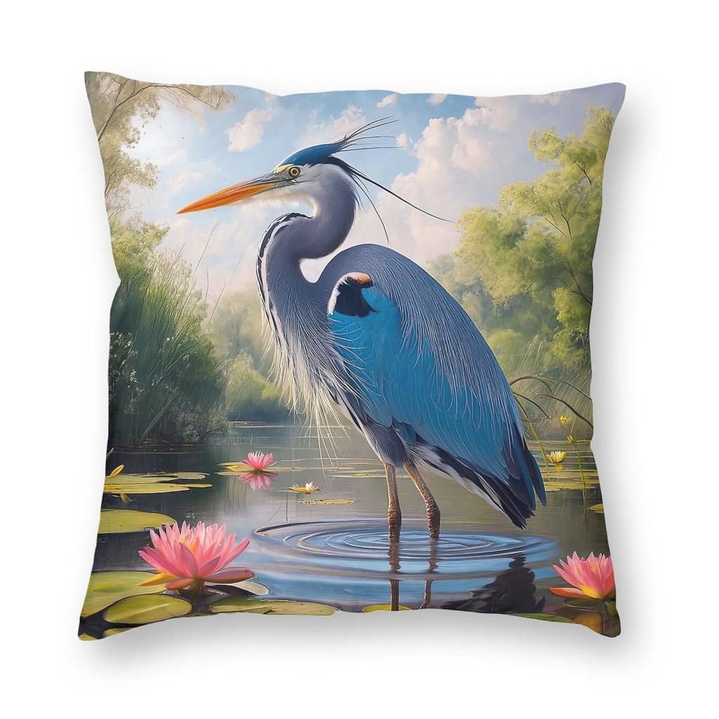 Great Blue Heron Lotus Pond Square Pillowcase Polyester Linen Velvet Printed Zip Decorative Sofa Cushion Cover