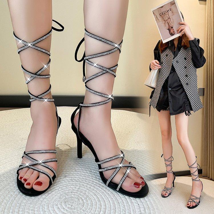 Foreign Trade 2025 Rhinestone Cross Strap High Heel Sandals Open Toe Large Size European and American Fashion Sexy European and American Style