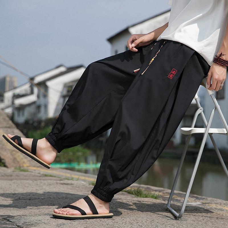 Chinese Style Beach Pants Men's Loose, Wide Leg, Leg Tied Cropped Pants