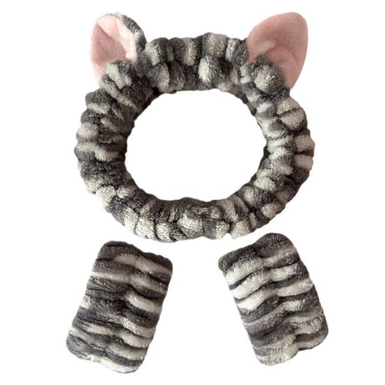 2Pcs/Set Women Hairband Wristband Set Cartoon Cat Ear Decor Soft Breathable Fabric Headband Wristband Set