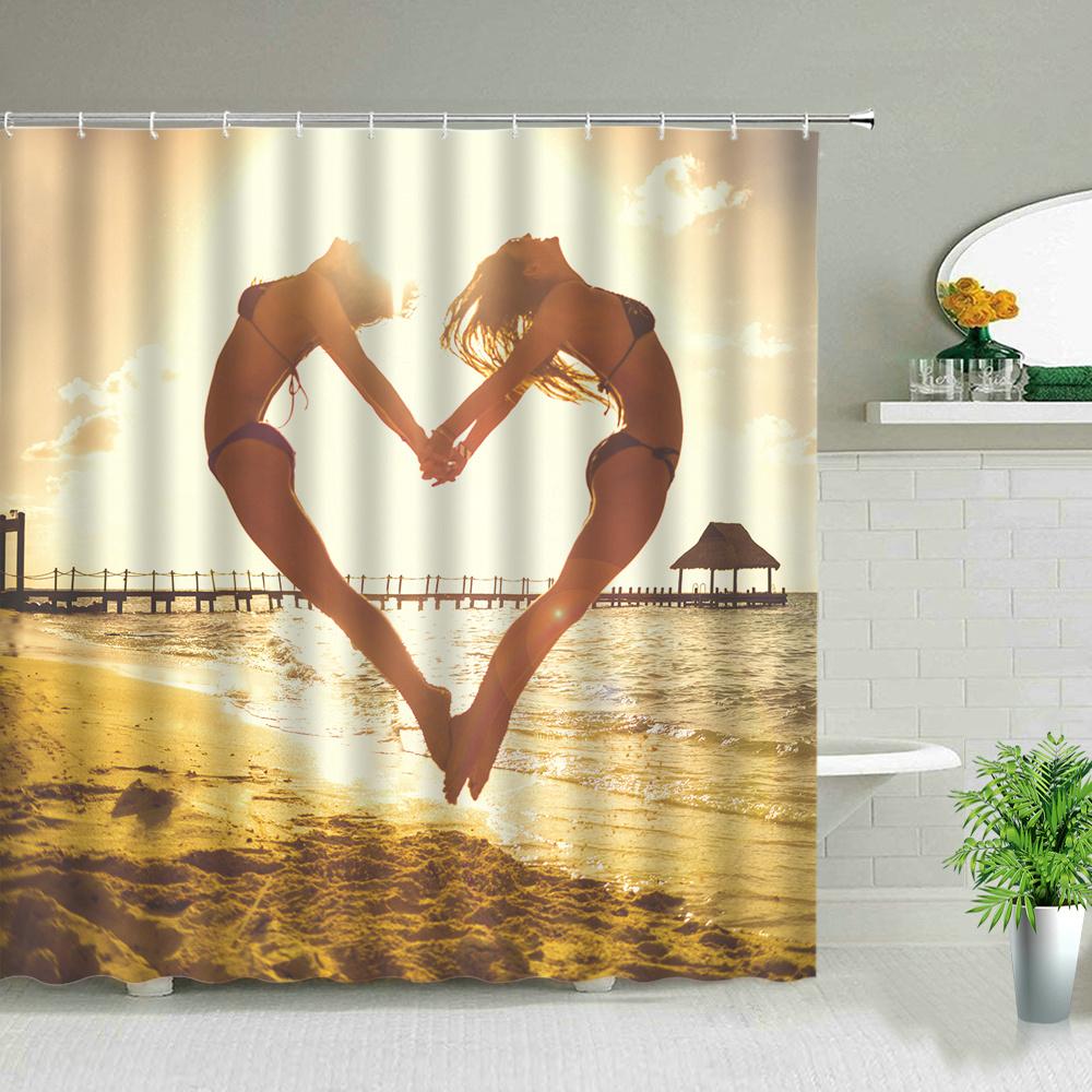 Sonnenlicht Strandmädchen Palme Surfbrett Landschaft Duschvorhänge Sexy Frau 3D-Druck Schicker Vorhang Badezimmerdekor Mit Haken