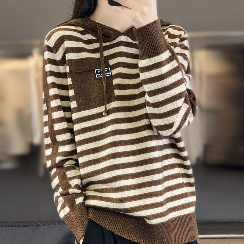 Striped color matching casual hooded knitted sweater women's autumn new fashion knitted sweater women