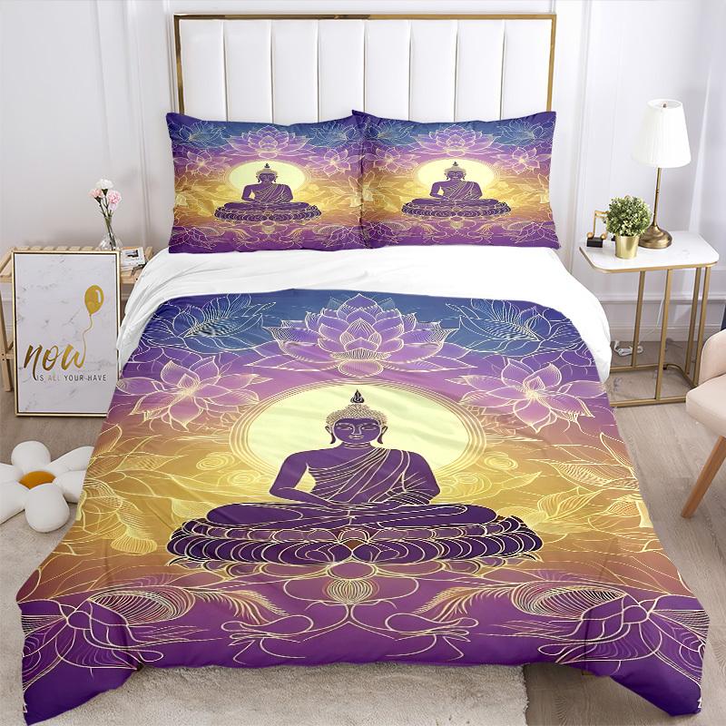 3pcs Buddha Lotus Bedding Set, Includes Without Pillow Inserts, Soft Comfortable Bedding Set,All-Season Use a0924009