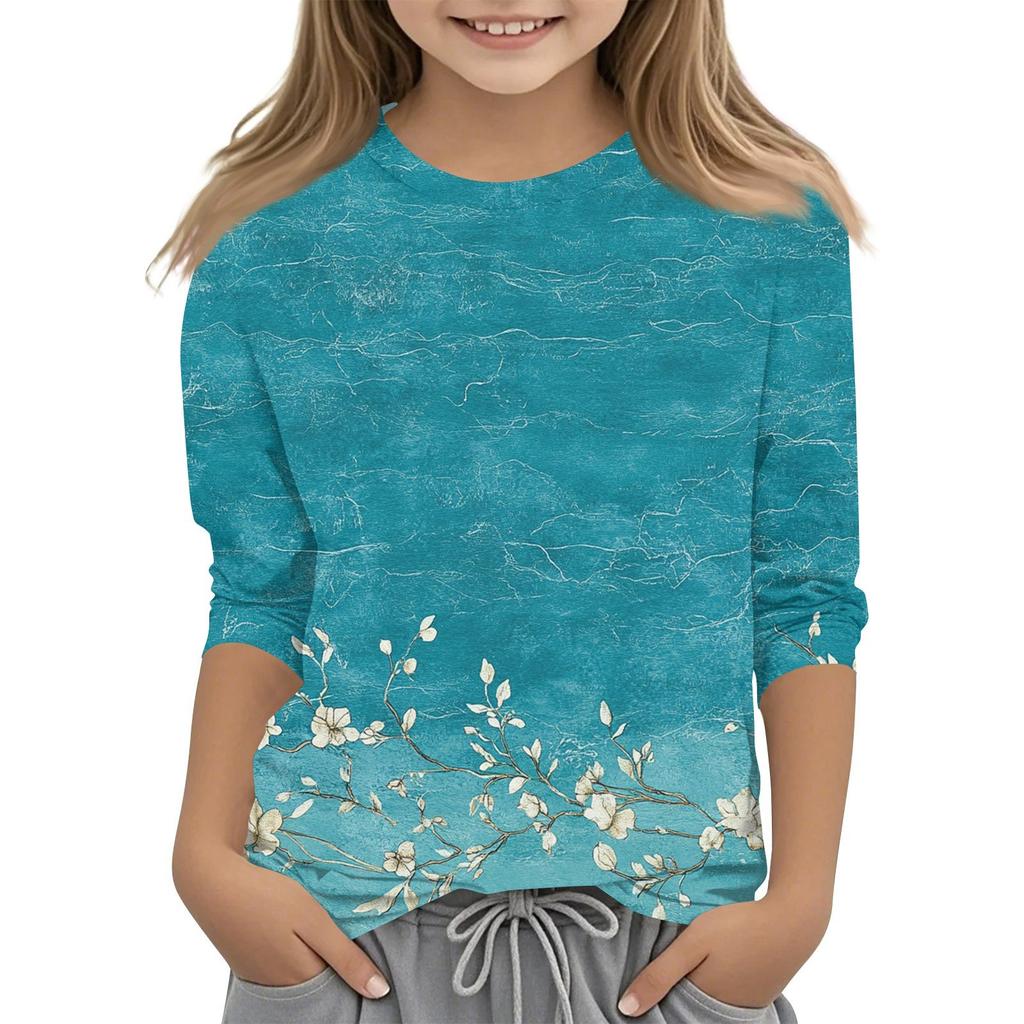 Camiseta infantil estampada com mangas 3/4 e gola redonda casual para o dia a dia