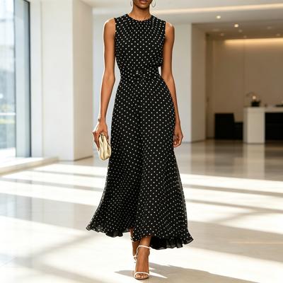Frühjahrs-Neumodell 2026, ärmelloses Polka-Dot-Kleid für Damen (europäischer und amerikanischer Stil), temperamentvolles langes Kleid mit französischer Taille, dünnes A-linienförmiges Rockteil für Damen