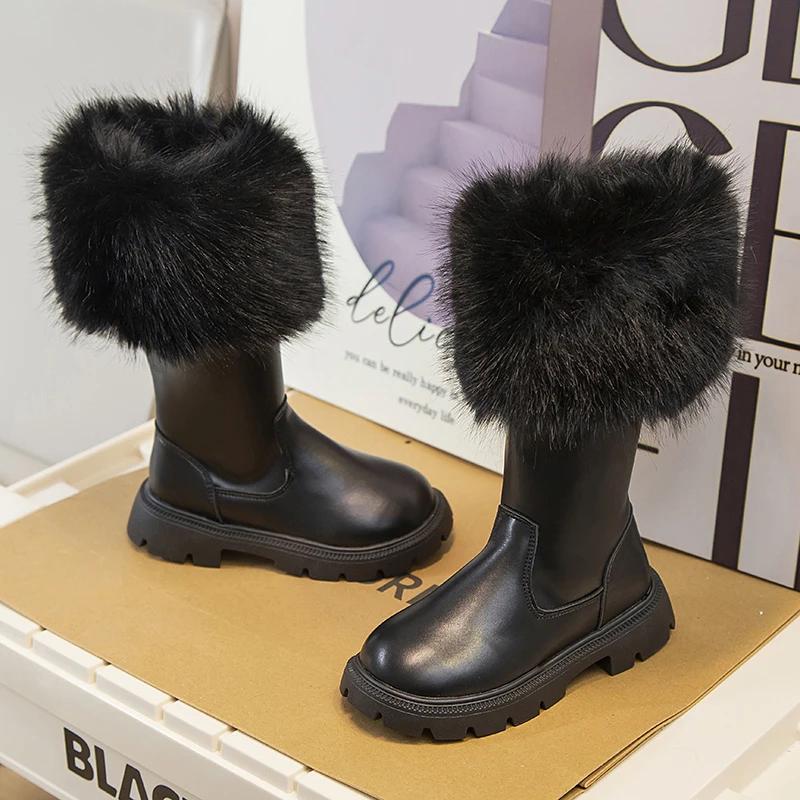 

Высокие сапоги для девочек из плюша, хлопка, бежевого и черного цвета, новинка 2024 года, осенне-зимние, с боковой молнией, модные детские кожаные сапоги, плюшевые, теплые, шикарные 26 чёрный