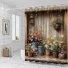 Vintage Country Farm Farmhouse Shower Curtains Flower Plants Potted Plants Rustic Barn Door Wood Panel Background Bathroom