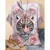 T-shirt a Maniche Corte Colorata con Animali Creativi Stampati in 3D alla Moda Comoda Morbida Traspirante Taglia Larga da Donna Plus con Scollo a V