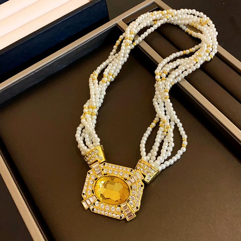 Square Rhinestone Pearl Pendant Necklaces Occidental Heavy Industry Court Style Niche Temperament Collarbone Chains Jewelry Sets