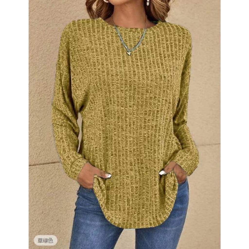 Fall New Ribbed Crew Neck Loose Long Sleeve Knit Top T-shirt for Women European American Style