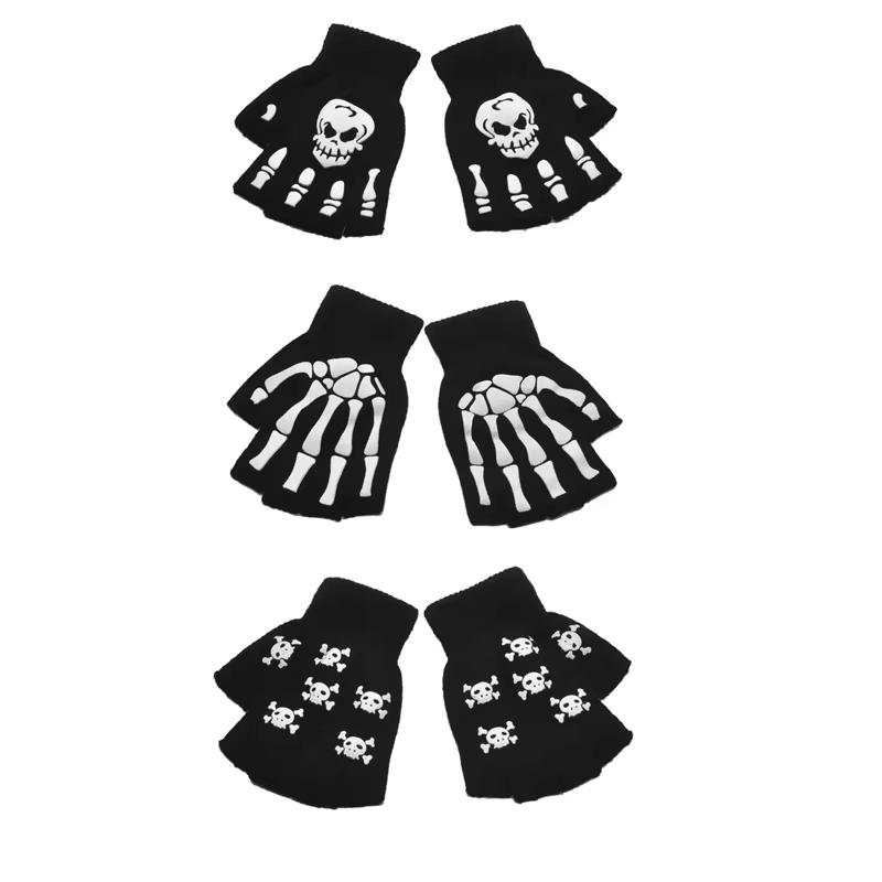 Luminous Halloween Skeleton Skull Gloves Punk Half Finger Gloves Winter Unisex Skull Fingerless Knitted Mitten Glow in The Dark