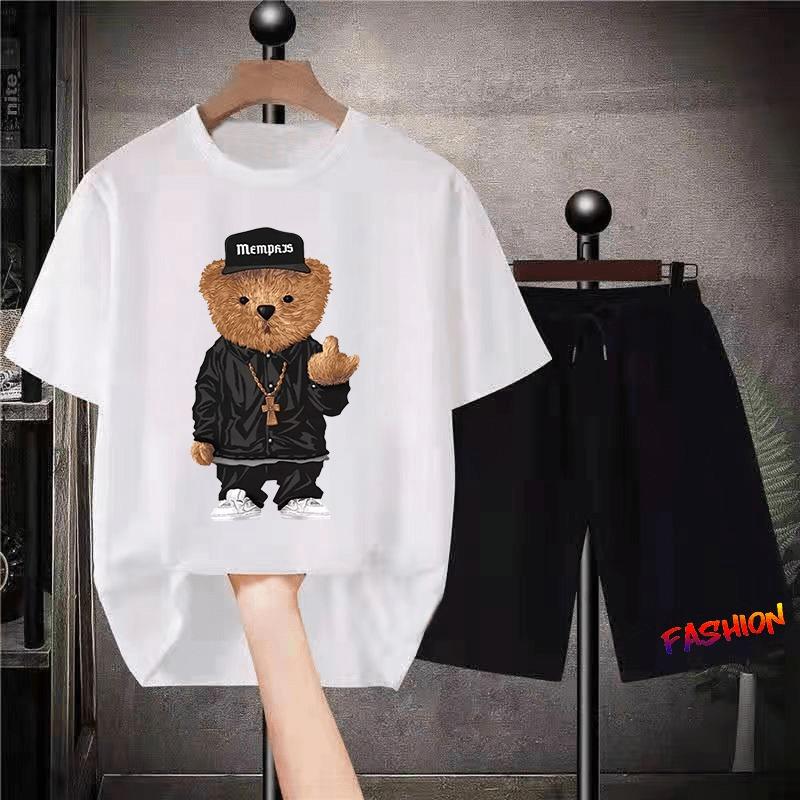 Korean Brand Bear Print T-shirt Men's Cotton Short-sleeved Oversized T-shirt Hip-hop Retro Suit Unisex Free Shipping