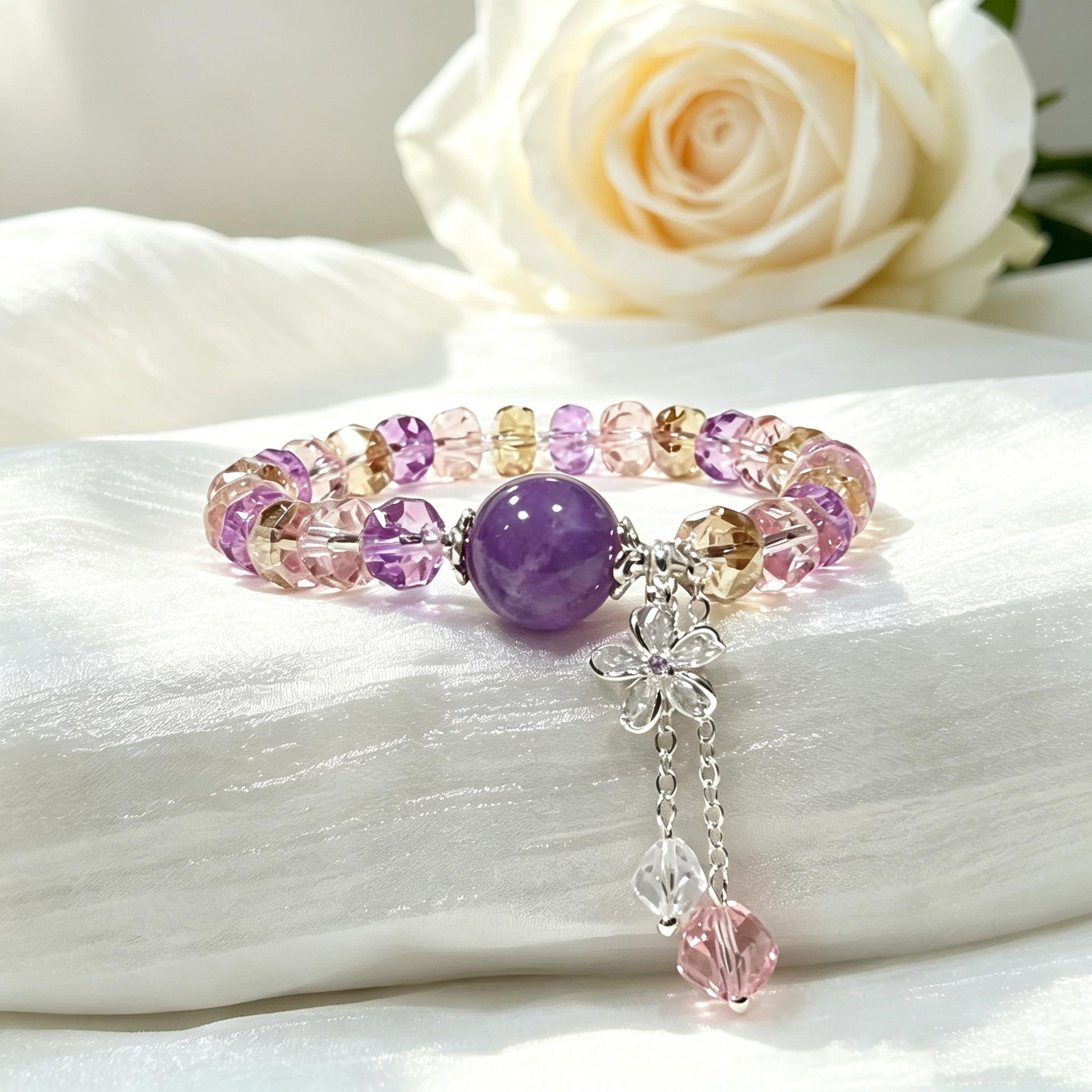 Natural amethyst bracelet, cut glass bead bracelet with fresh girlish style