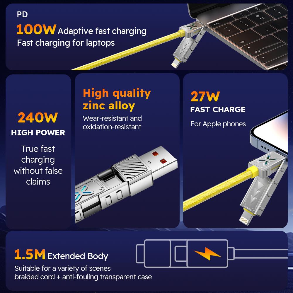 240W 4-in-1 Super Fast Charging Data Cable USB-C To Type-C Zinc Alloy Cable For Iphone Samsung Huawei Xiaomi Multi Port Multiple