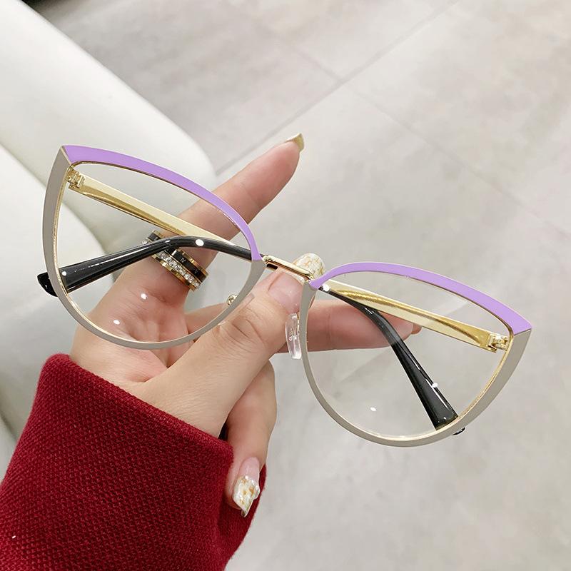 Stylish PC Screen Myopia Glasses Frames Women Optical Diopter Glasses Anti Blue Light Purple Cat-Eye Shaped Metal Eyeglasses Minus