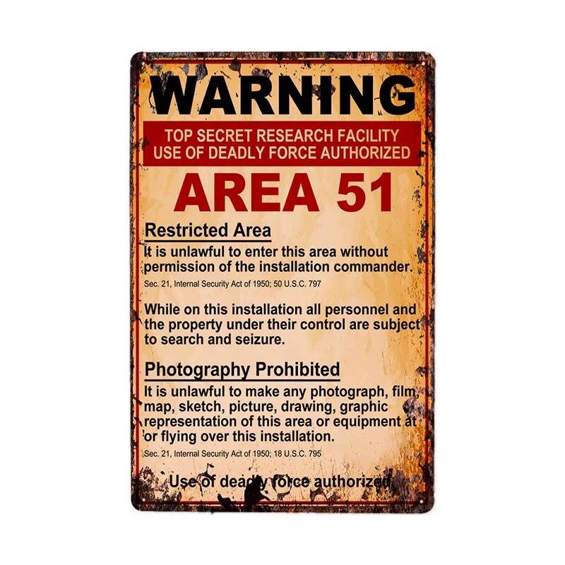 Warning Area 51 Metal Tin Sign UFO Vintage Wall Plaques Art Poster Decoration Painting Home Decor 20x30cm