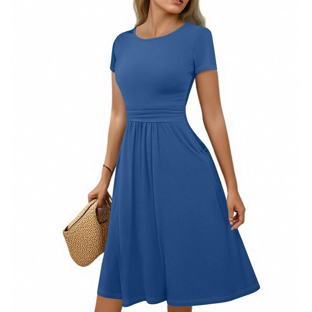 Women's Casual Fashion Round Neck Pleated Short Sleeve Solid Color A-Line Midi Dress