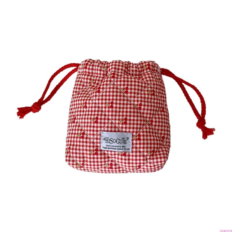 Small Cherrys Gingham Drawstring Bag For Travel Storage Organizing Small Items Portable Pouches