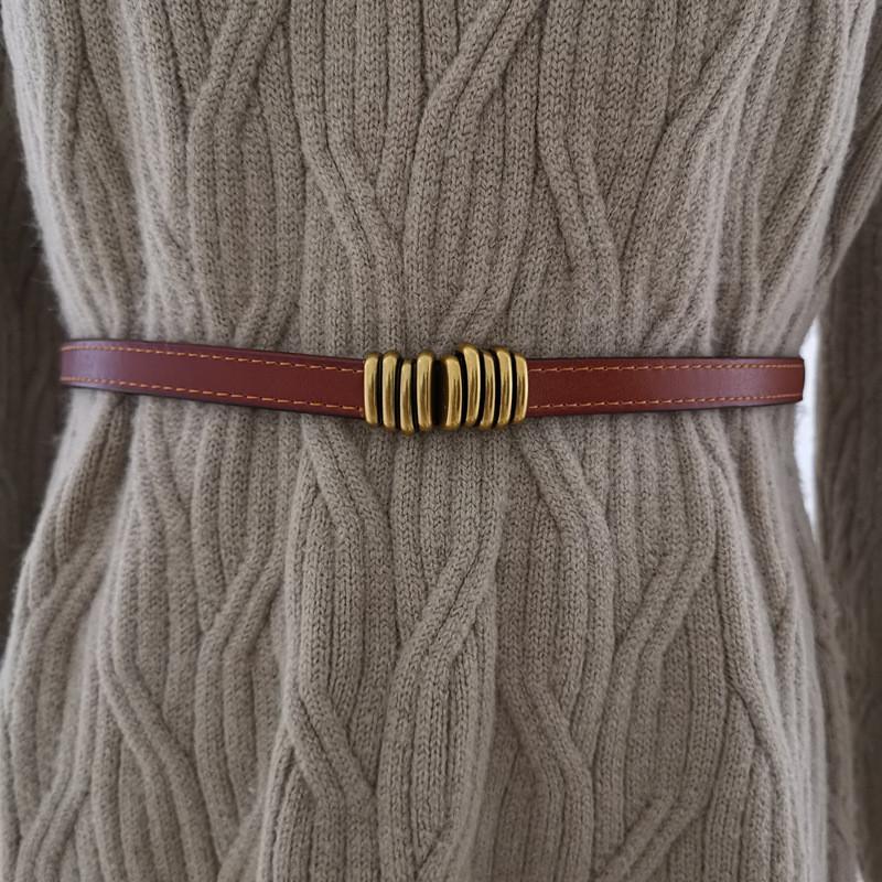 

Leather Waist Belt For Summer Fashion Slim Genuine Leather With Gold Buckle