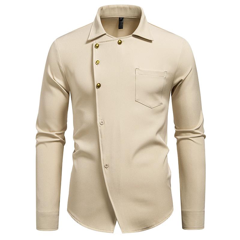 

Autumn Men S Casual Long-Sleeved Shirt Trend Design Ruffian Handsome Solid Color Oblique Placket Shirt Men S хаки