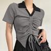 Short Slim Top for Women Vintage V-neck Drawstring Pleated Short Sleeve Top Summer Sexy Irregular T-shirt Gothic Korean Crop Top