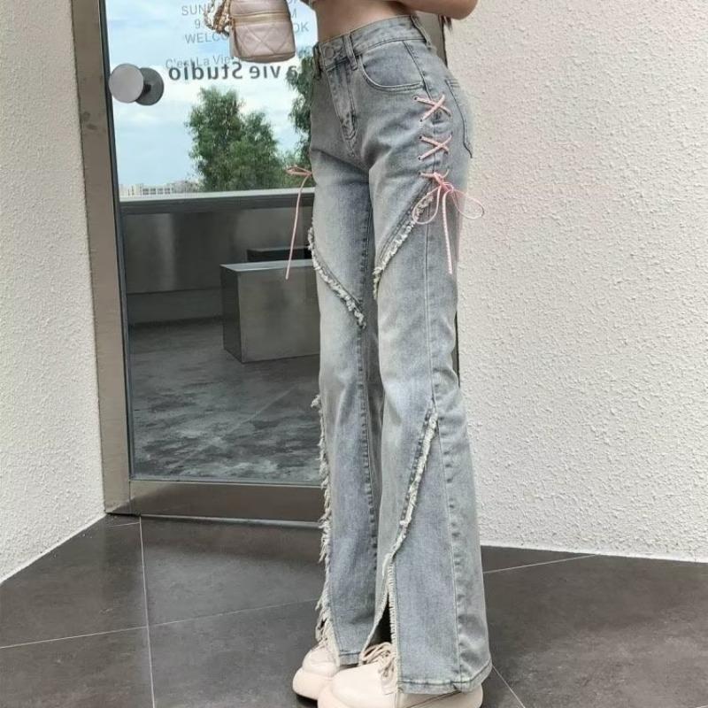 Women's High-Waist Strappy Flared Jeans - Autumn New Slim Fit with Elastic Split
