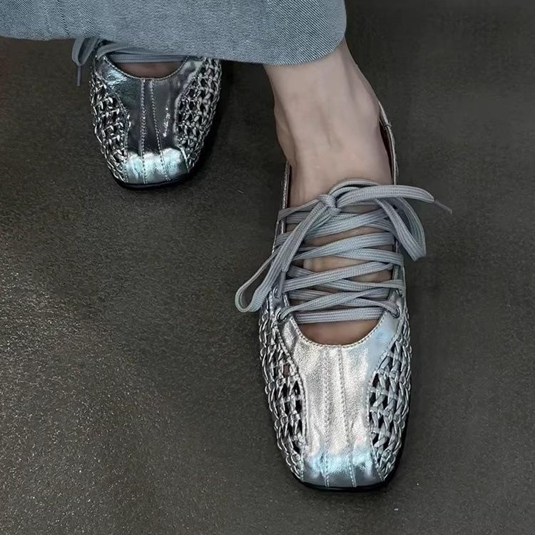 Yueyu - French Versatile Retro Soft-soled Ballet Single Shoes Women's Woven Leather Cross-strap Dexun Shoes Sandals