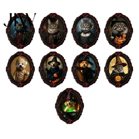 Halloween Dekorahmen Haustierfoto Dekoration, mit Klebepunkt, Hexenhut Katze Hund Mini Tier Ornament Holzdekor, Retro für Zuhause Büro