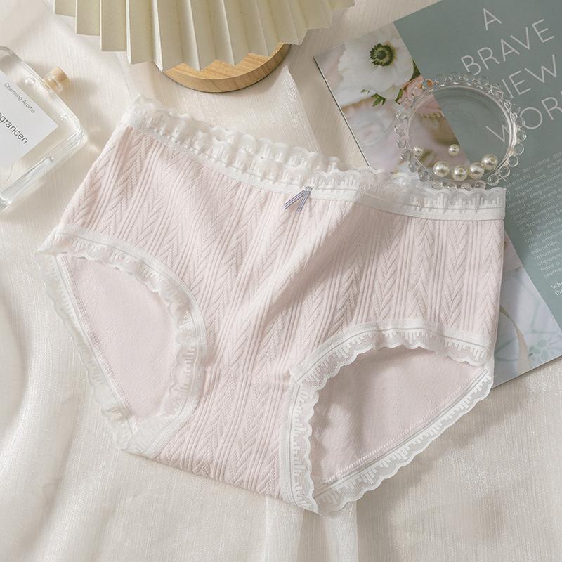 Cream Girl Underwear Sweet Lace Briefs Pure Cotton Skin Friendly Breathable Bag Hip High Elastic Mid Waist Underwear for Women Panties