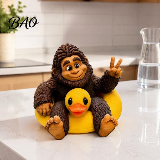 Miniature Sasquatch Figure And Duck Figurine, on Swimming Ring Statue, Playful Tabletop Accent Funny Animal Statue for Home Shelf Decor Creative