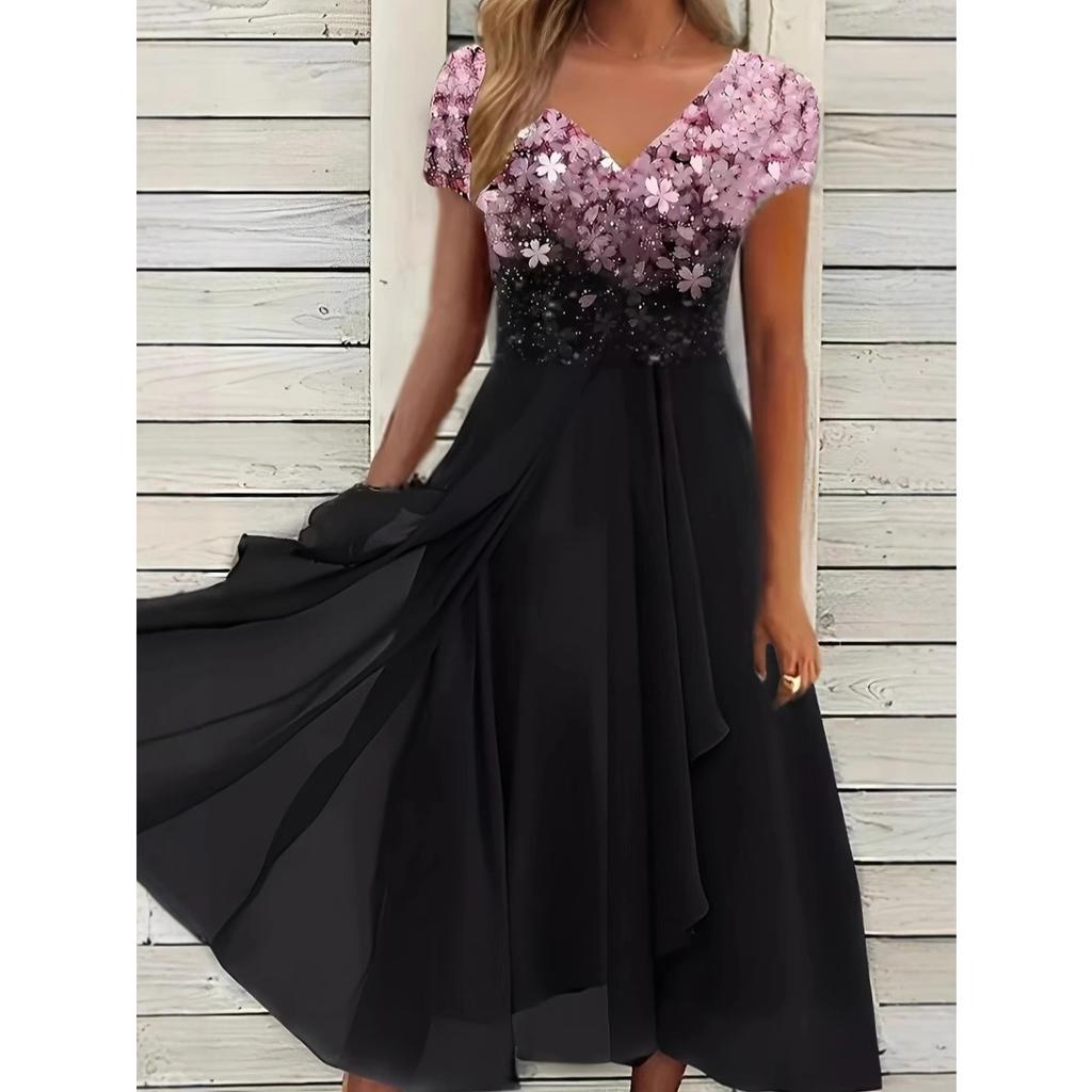 Women's V Neck Short Sleeve Midi Dress Loose Fit Mid Rise Casual Floral Print Chiffon Party Dress