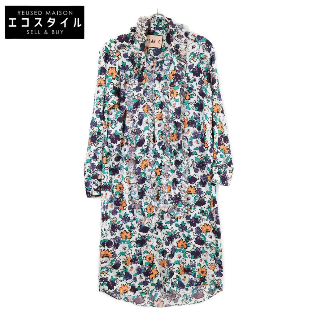 Plan C ABCAB64VZ8TP060 Flower Frill Bow Tie Long Sleeve Dress 38 White / multicolorUsed