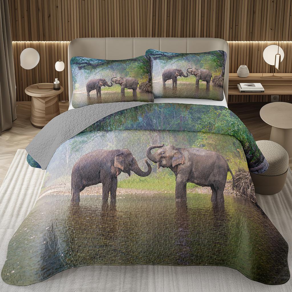 Elephant Quilt Set, African Animal Elephants Quilted Bedspread Western Rustic Farm Style Bedding Set Wild Safari Theme Coverlet