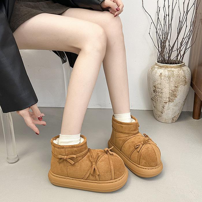 Retro Platform Snow Boots Women's 2025 Autumn and Winter New Niche Bow Cotton Shoes Velvet Non-slip Short Boots