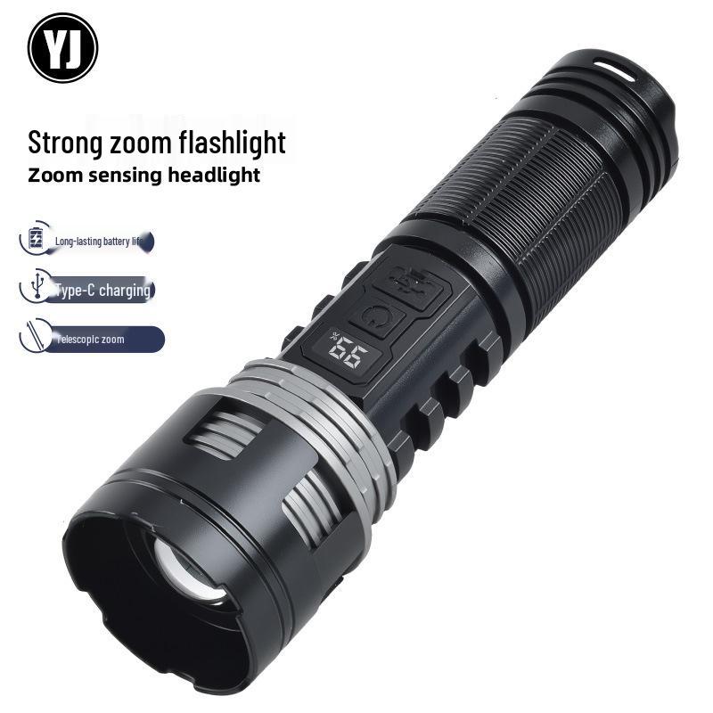 Temu 115B Multi-Function Rechargeable Flashlight: Strong Light, Zoomable, with Digital Display for Outdoor Patrol and Night Fishing Emergencies.