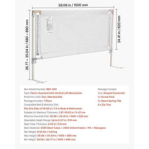 VEVOR Toddler Bed Rail, Kids Beds Guard Rail with Reinforced Iron Pipe and Oxford Cloth, Adjustable Height Bed Side Railing