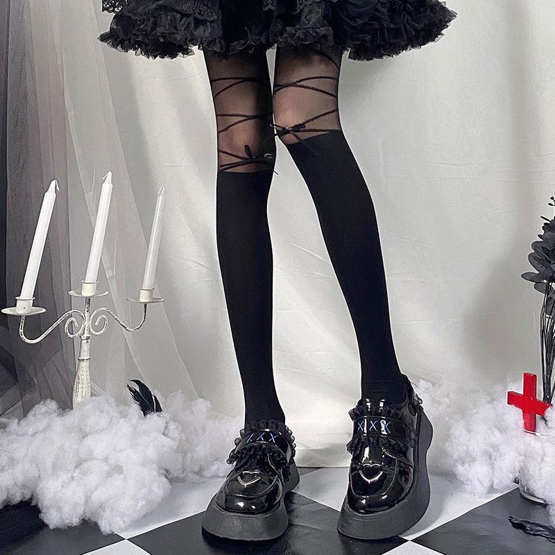 Lolita Straps Y2k Stockings White Pure Desire Socks Subculture Long Knee Socks Black and White Silk Thin Babes