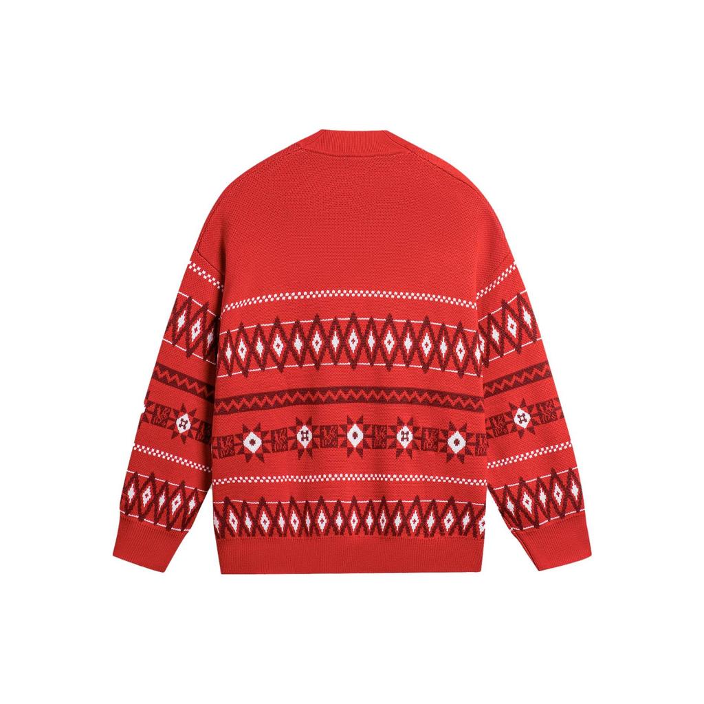 Li Ning Diamond Color Block V-Neck Button Long Sleeve Knit Sweater Men tops Crimson-Red AMBT249-3