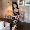 French Retro Temperament, Royal Sister Style, Advanced Sense, Printed Lotus Leaf Edge Suspender Dress, Summer Open-ended Hip-wrapped Long Dress