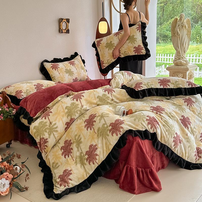 Four-Piece Set Of Thickened Milk Fleece On The Bed, High-Grade Warm Bed Sheet Quilt Cover, Coral Fleece Quilt Cover