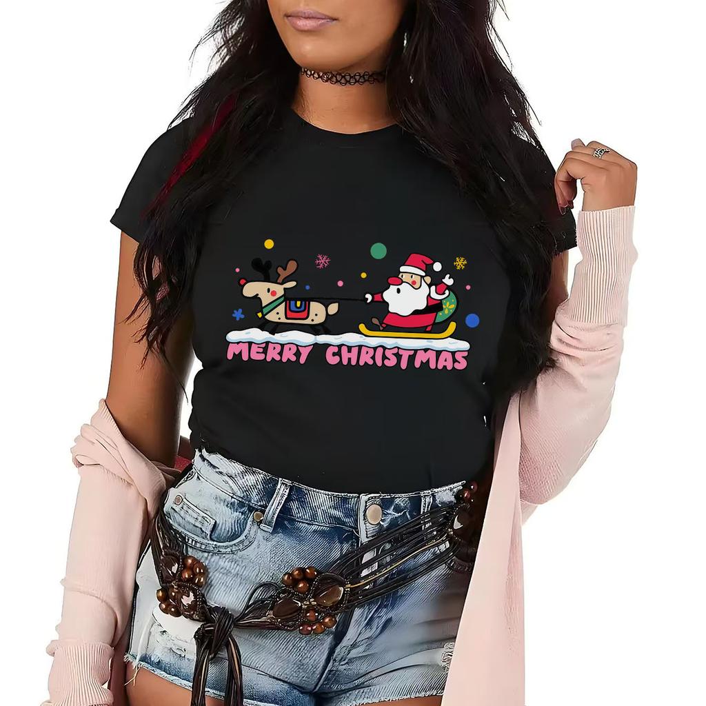 Merry Christmas Santa Claus Elk cartoon print Tshirt short sleeved round neck versatile Womens Tshirt