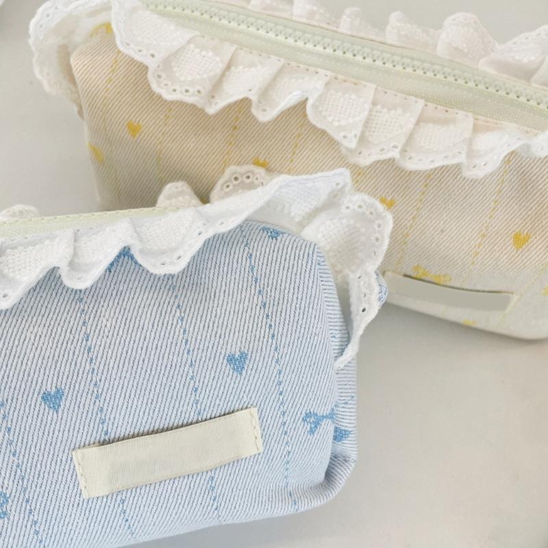 Lace Trim Pencil Case with Top Closure, Embroidered Heart Design for School Supplies, Desk Storage and Journaling