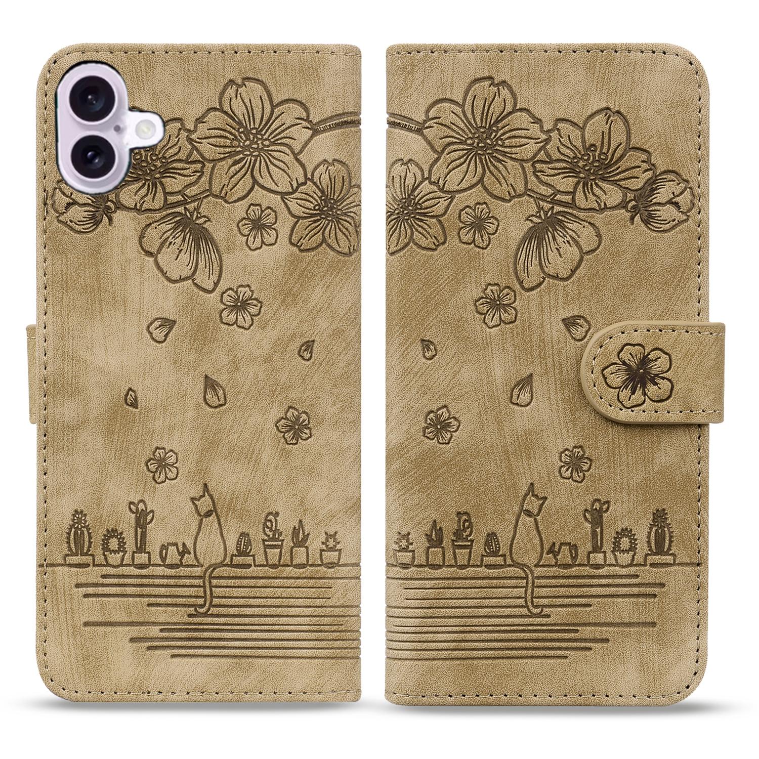 For iPhone 17 Case Cherry Blossom Cat Imprinted Leather Phone Cover with Wrist Strap B