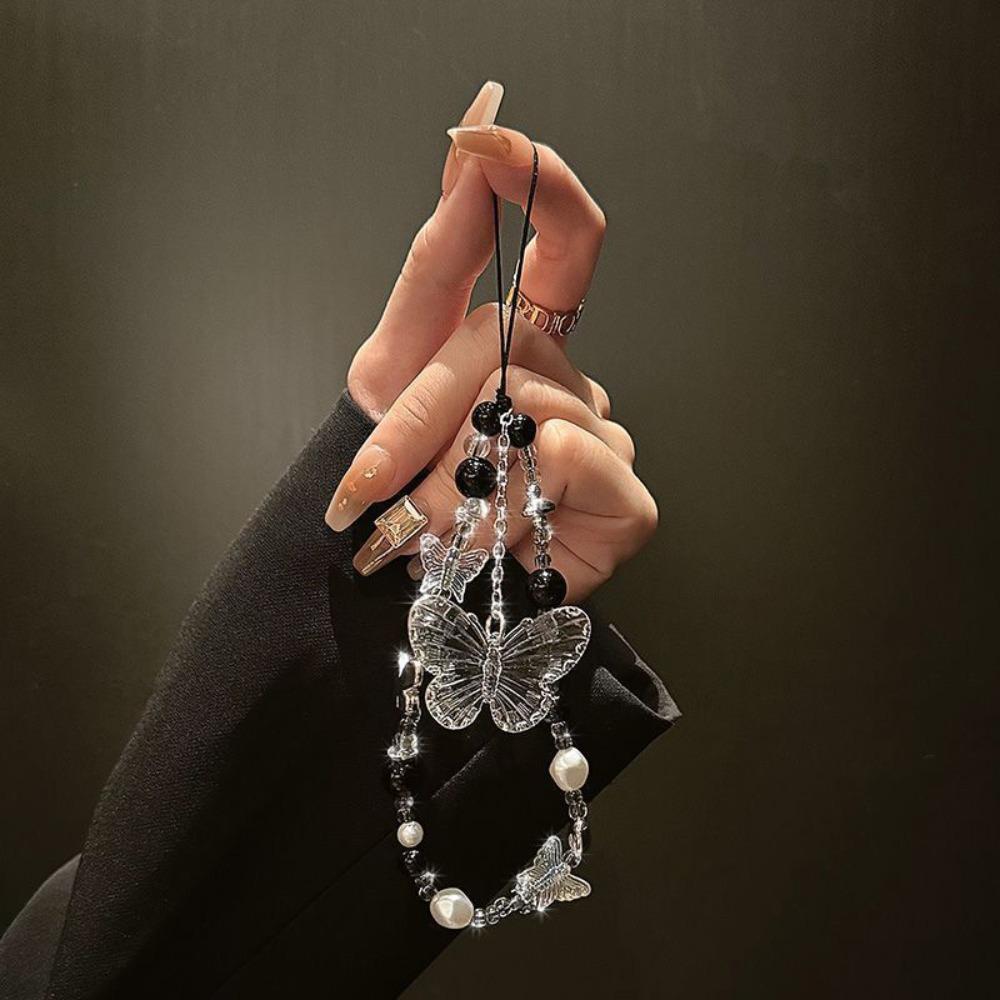 Y2K Clear Bead Phone Strap Fashion Bowknot Wrist Short Rope Phone Lanyard  Phone Bag Accessories