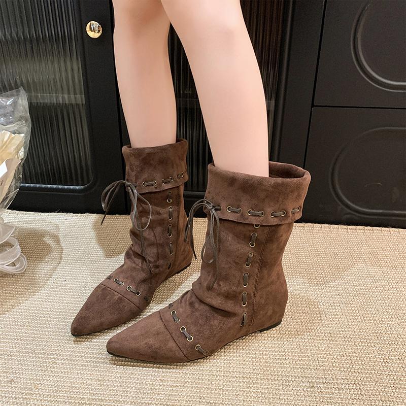 

Suede Leather Pointed Toe Ankle Boots Drawstring Design Pleated Fashion Height Increasing Women Boots Western Cowboy Boots 2025 42 коричневый