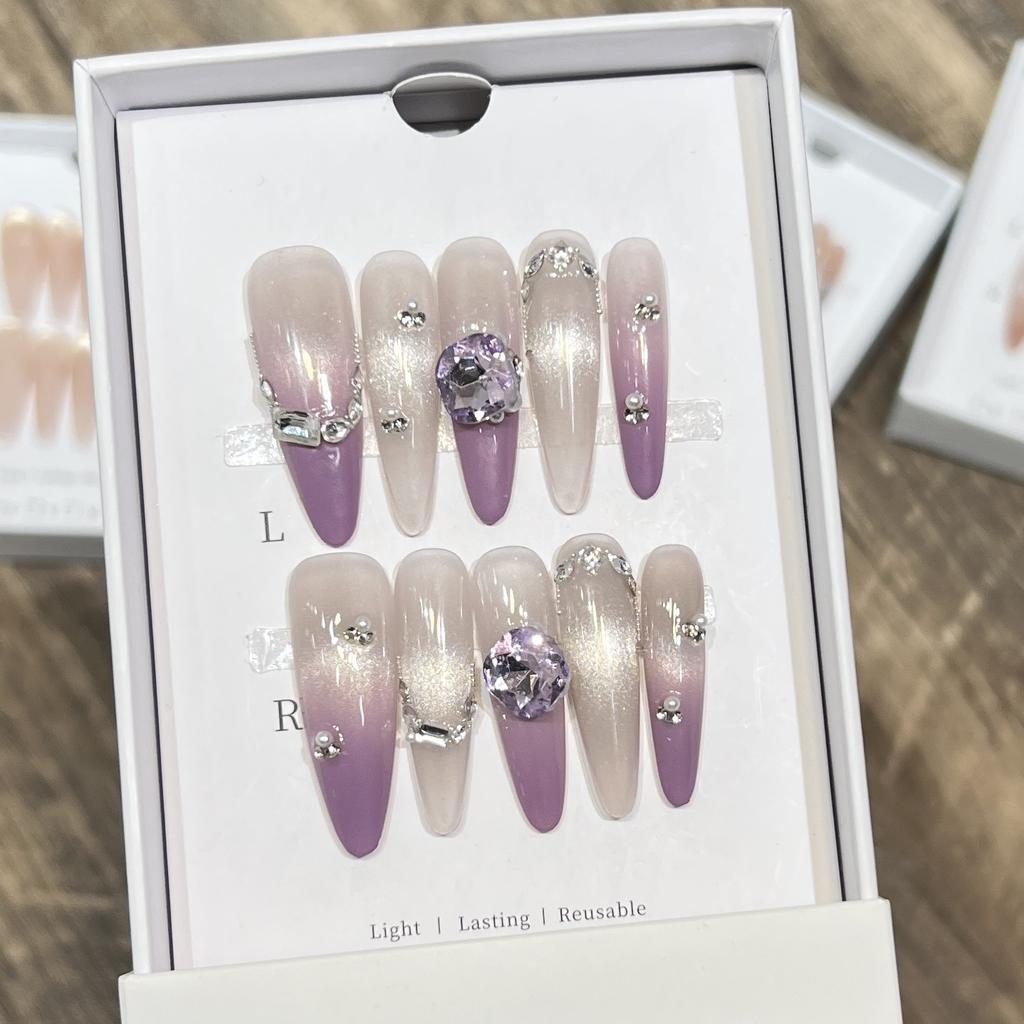 Pure Hand-wearing Armor High-end Purple French Cat Eye Flash Zircon Crushed Diamond Nail Art Fake Nail