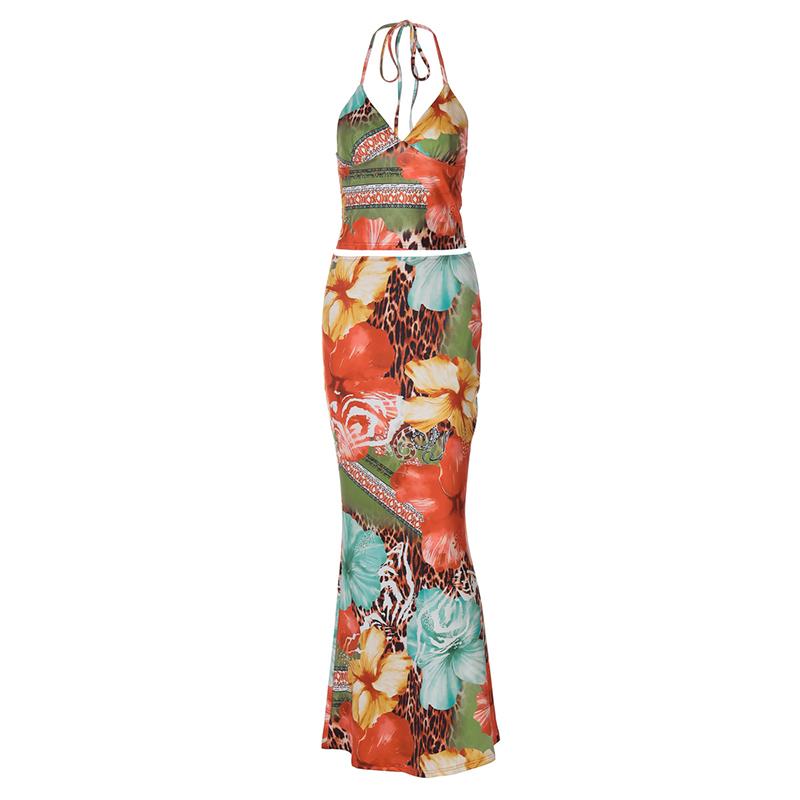 Women's V-neck Lace Up Vest Half Skirt Two-pieces Set Summer New Set Printed Beach Vacation Style Slim Fit Temperament Women's Vest Skirt Sets